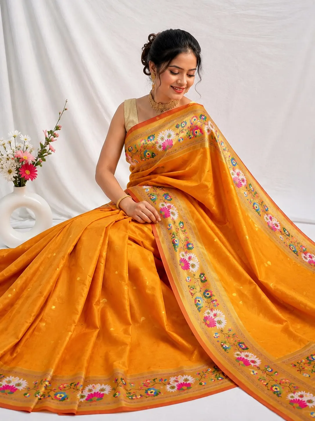 Rajhuns Paithani Saree - Mustard Orange
