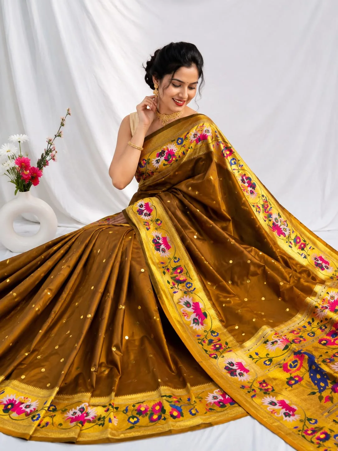 Rajhuns Paithani Saree - Golden Brown