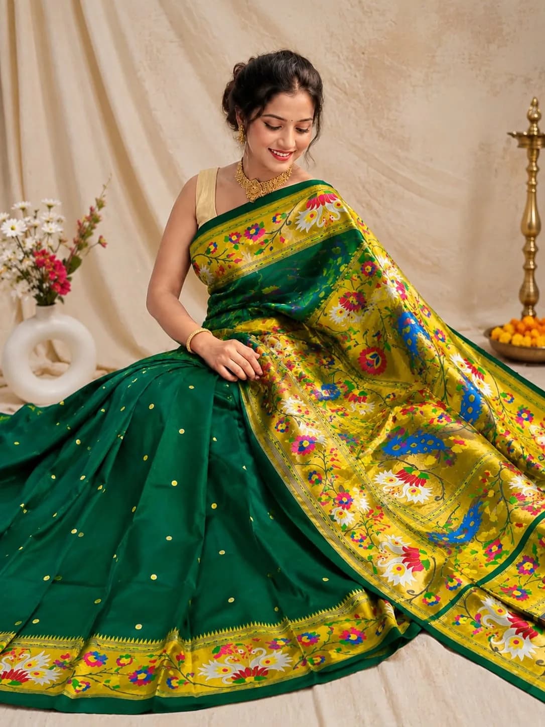 Rajhuns Paithani Saree - Emerald Green