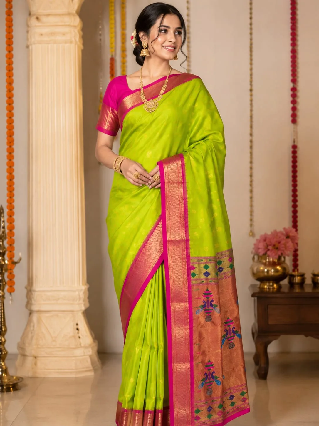 Kadiyal Paithani - Parrot Green