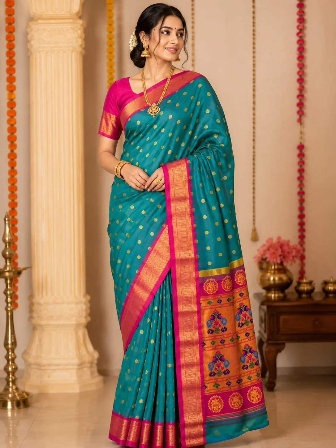 Kadiyal Paithani - Teal Blue
