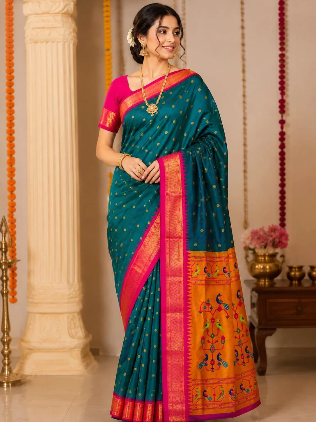 Kadiyal Paithani - Dark Teal Blue