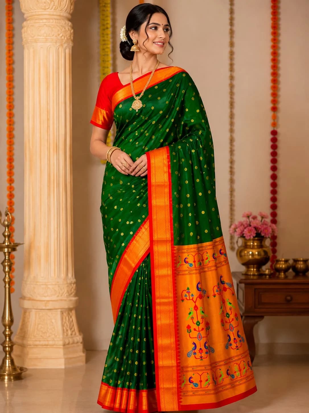 Kadiyal Paithani - Dark Green