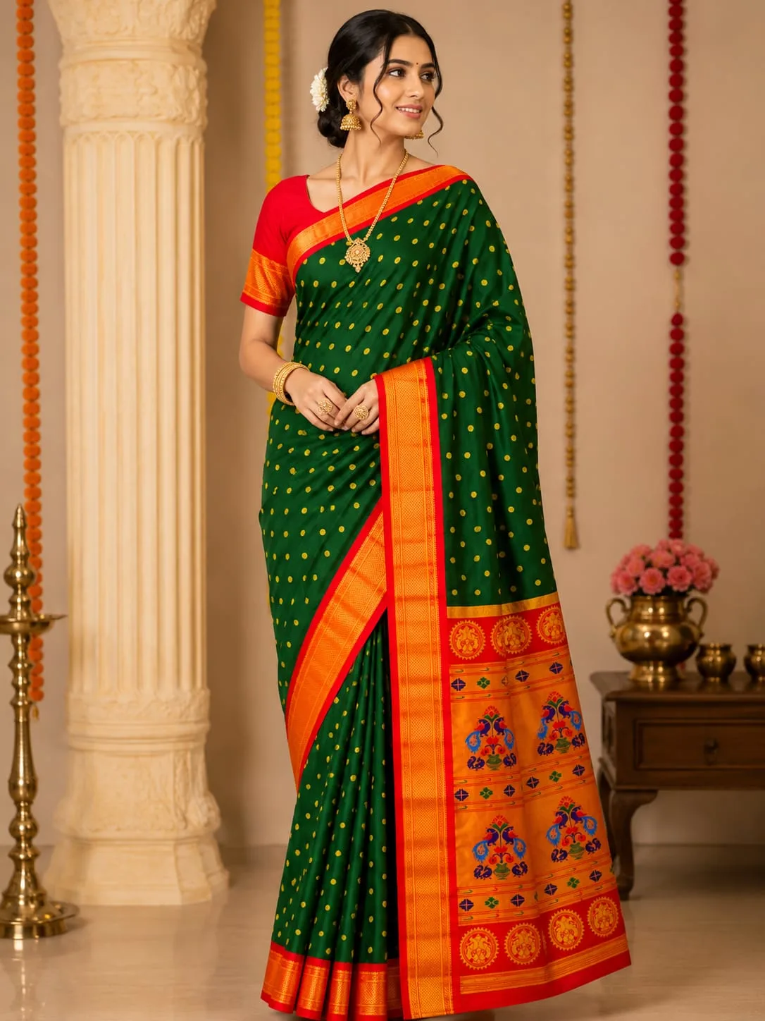 Kadiyal Paithani - Bottle Green
