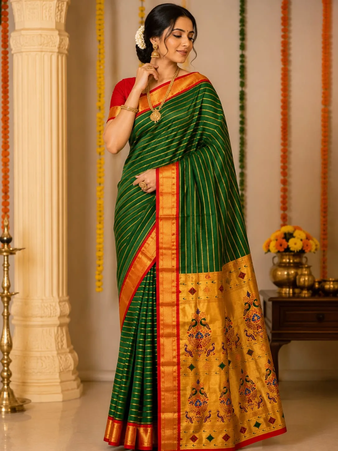 Kadiyal Paithani - Green Stripes