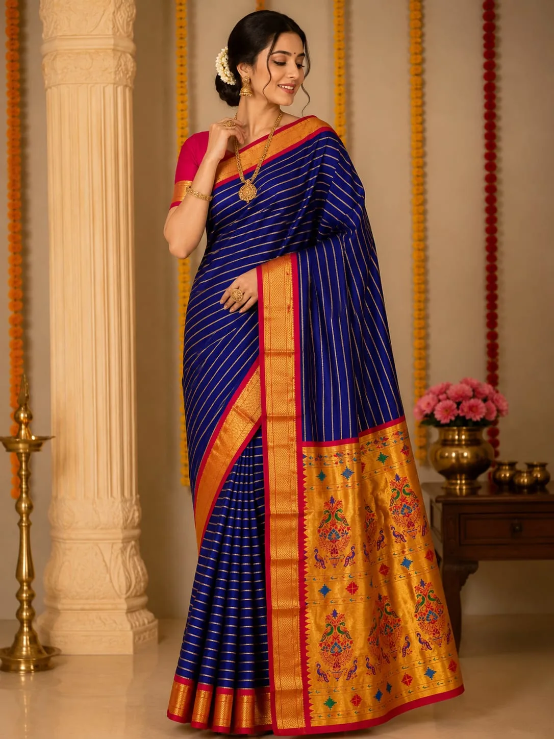 Kadiyal Paithani - Navy Blue Stripes