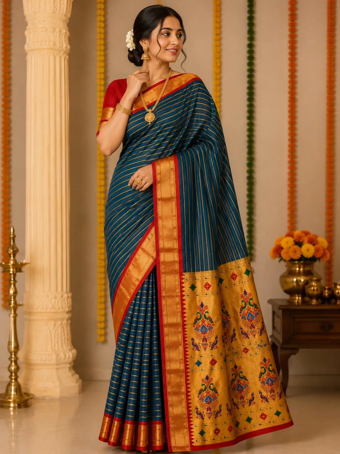 Kadiyal Paithani - Blue Stripes