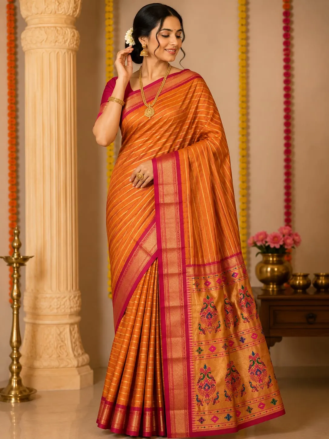 Kadiyal Paithani - Orange Stripes