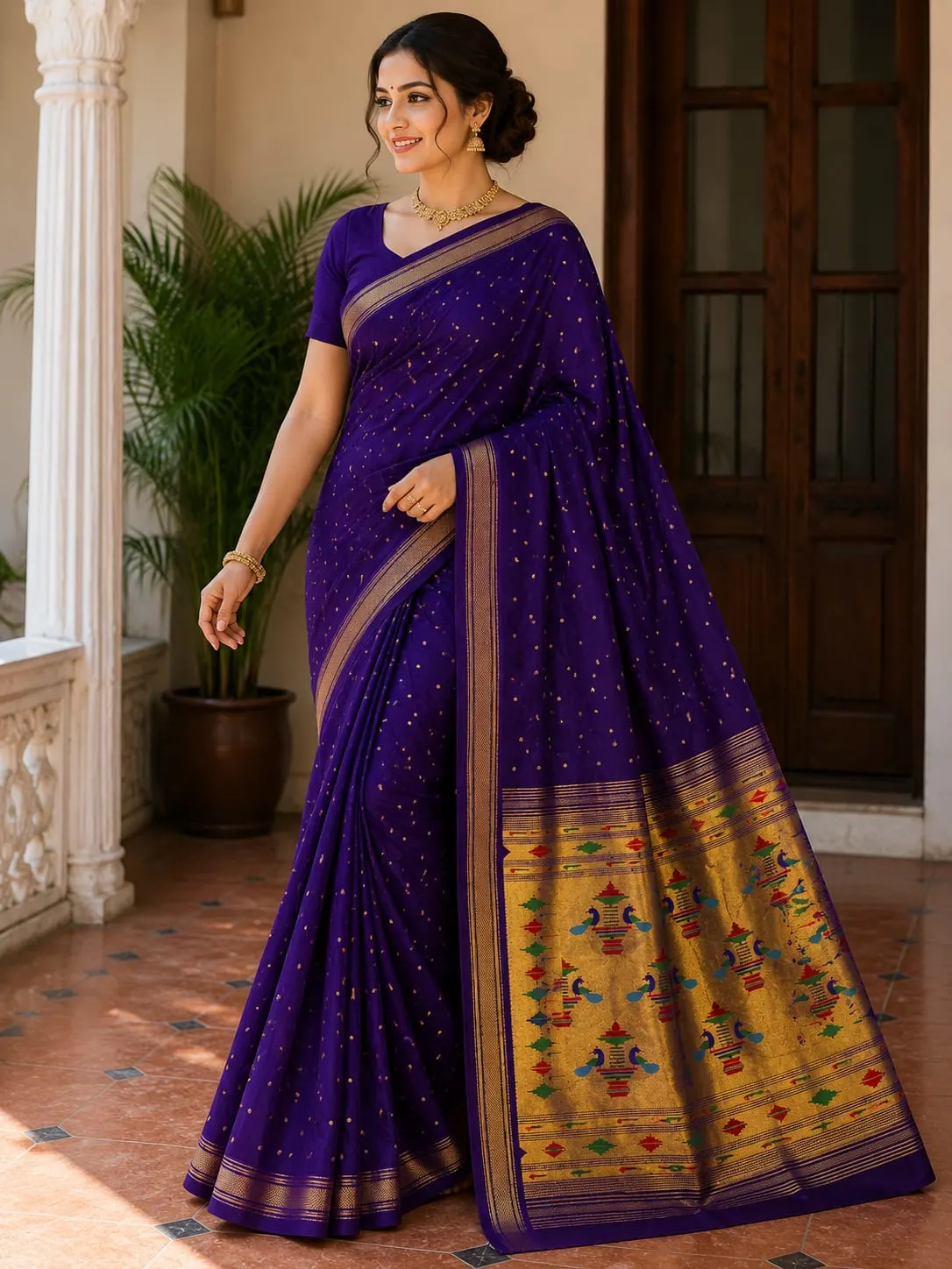 Double Pallu Saree - Royal Purple - Royal Purple Semi Paithani Pallu, Allover Butties Saree