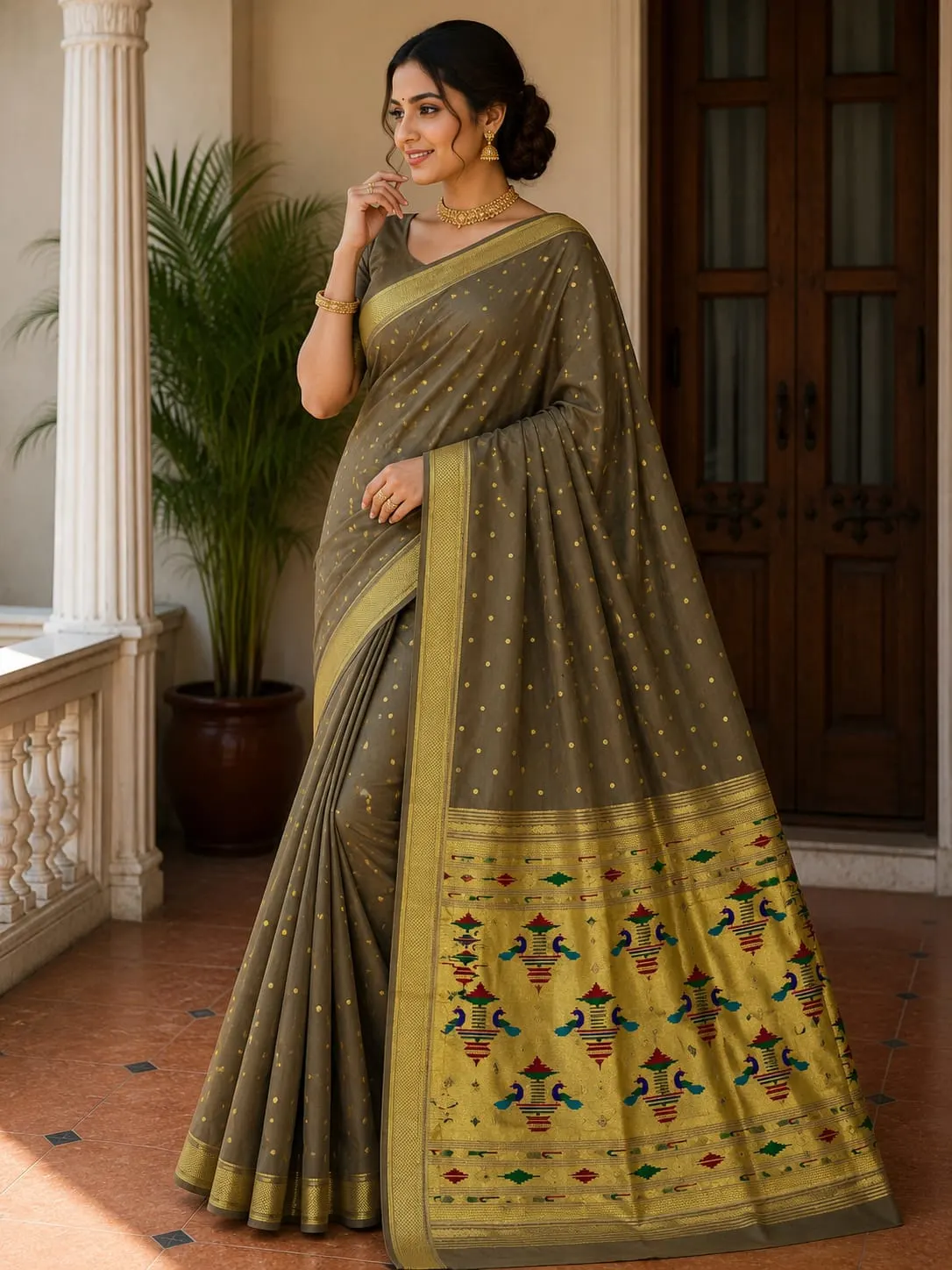 Double Pallu Saree - Grey