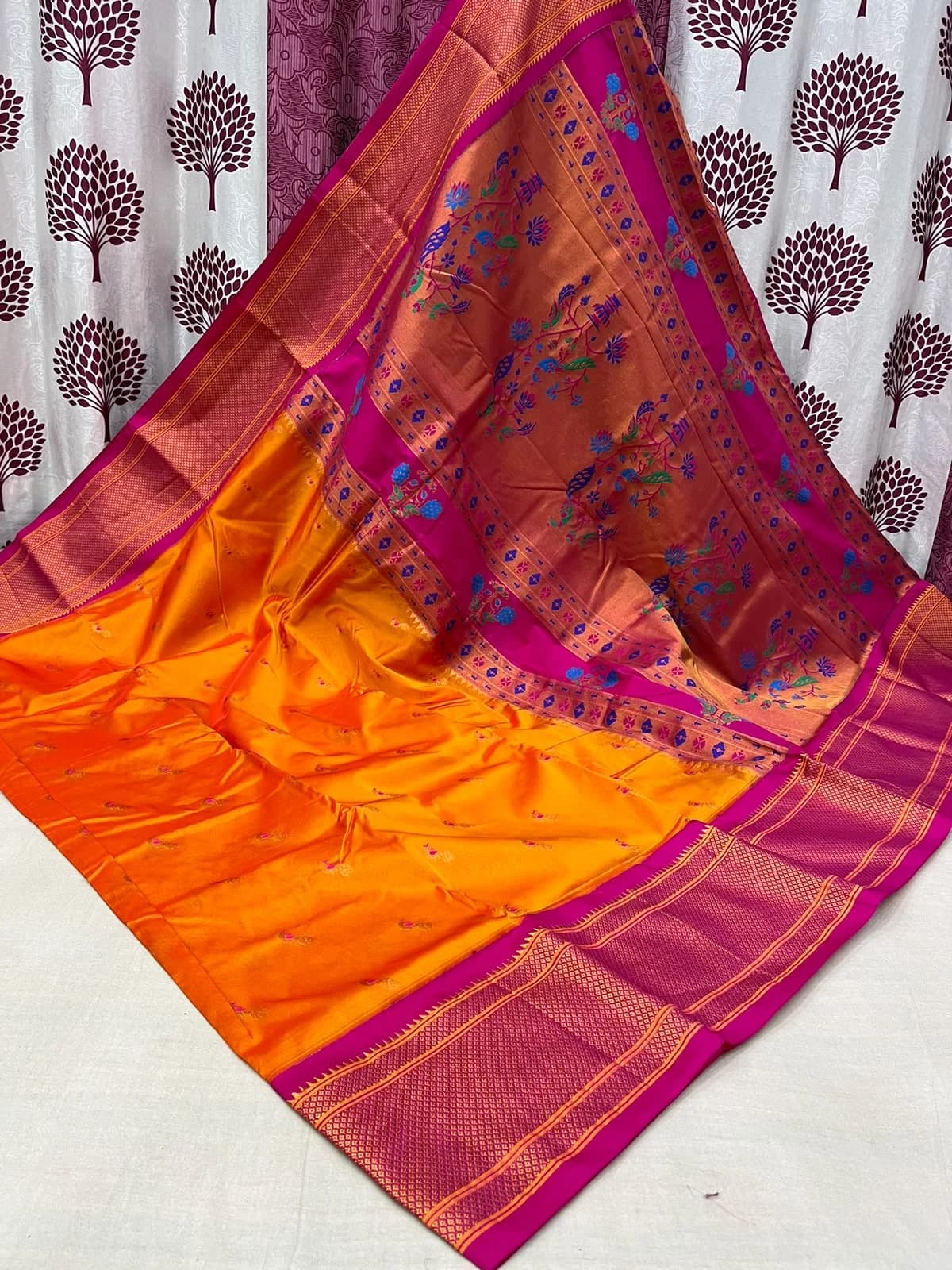 Kalyani Paithani Saree - Peacock Blue - Peacock Blue Semi Paithani Peacock Meena Butti, Meenakari Pallu, Allover Butties Saree